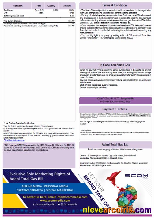 India Adani Gas utility bill, 3 pages, 3rd page
